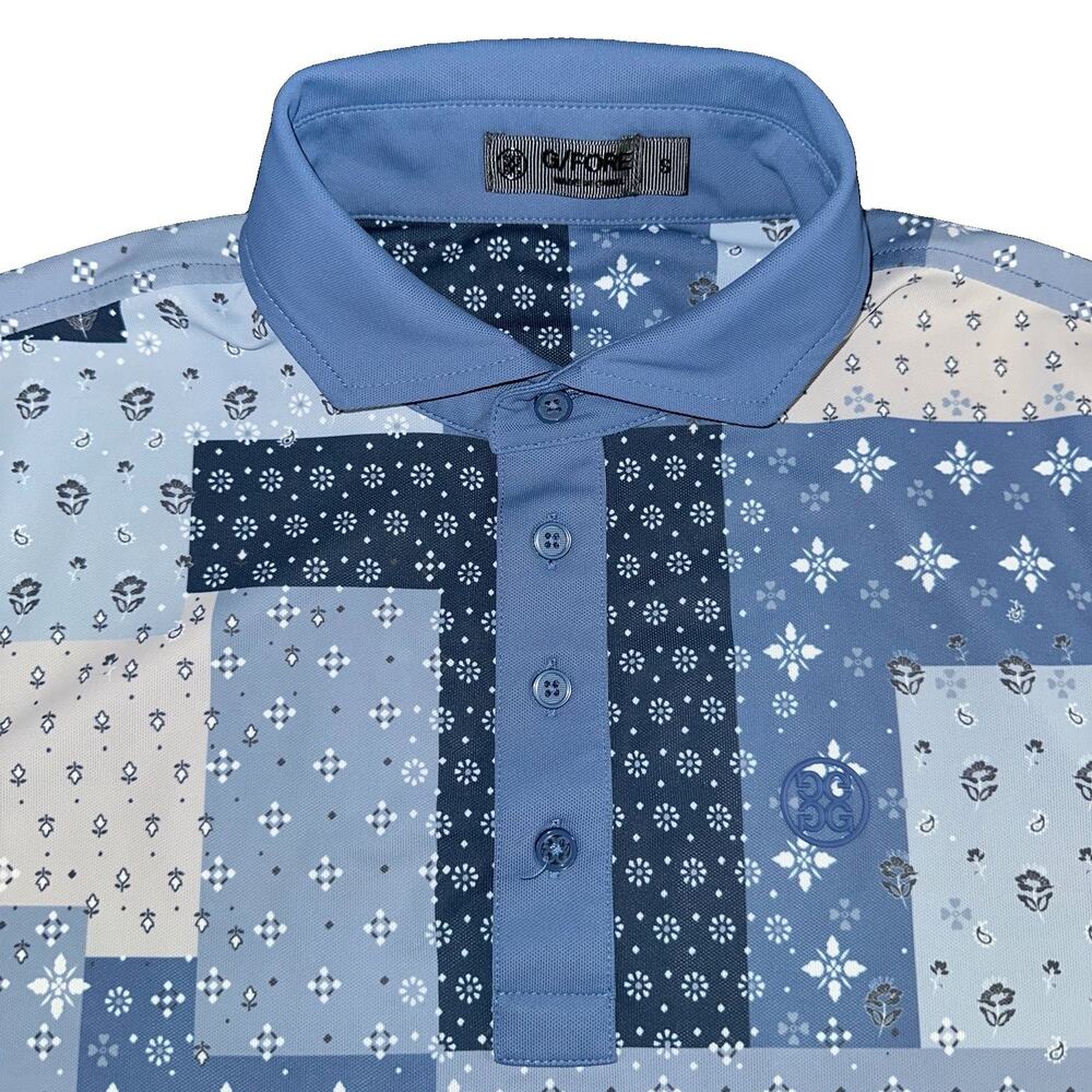 G/FORE Boro Patch Floral Tech Pique Golf Polo Shirt Mens Small S Blue Paisley